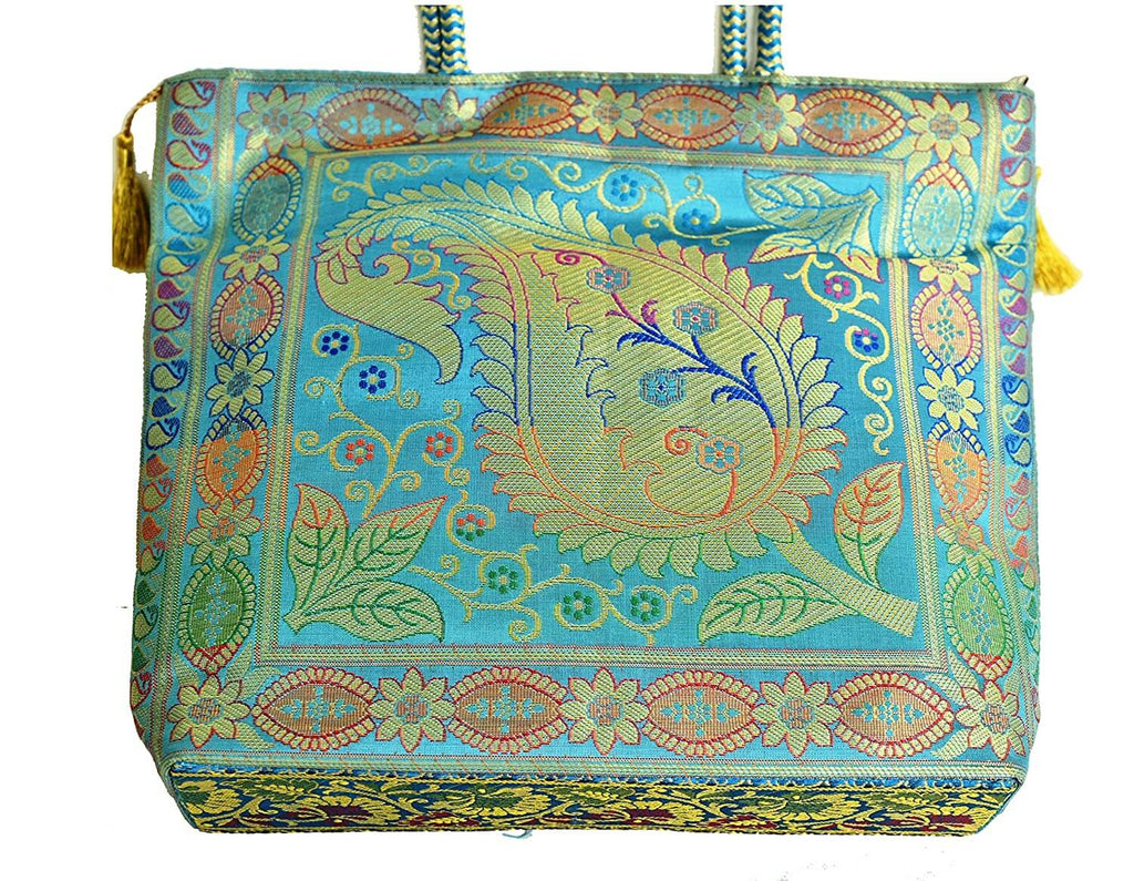 Embroidery Silk Handicraft Hand Bag, Shoulder, Tote Bag For Ladies (13 x 11.5 x 7.5 Inches, Leaves & Flower, Sky Blue Color) Mangal Fashions | Indian Home Decor and Craft