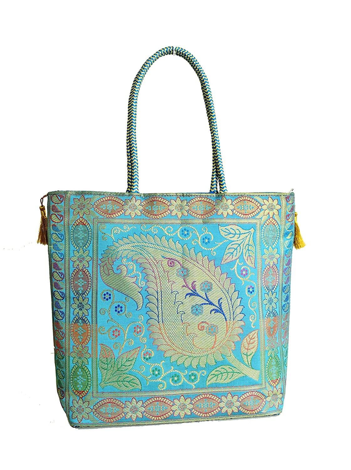 Embroidery Silk Handicraft Hand Bag, Shoulder, Tote Bag For Ladies (13 x 11.5 x 7.5 Inches, Leaves & Flower, Sky Blue Color) Mangal Fashions | Indian Home Decor and Craft