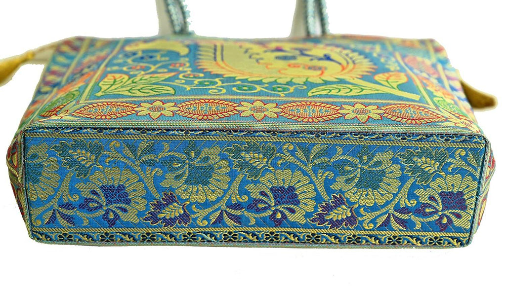 Embroidery Silk Handicraft Hand Bag, Shoulder, Tote Bag For Ladies (13 x 11.5 x 7.5 Inches, Leaves & Flower, Sky Blue Color) Mangal Fashions | Indian Home Decor and Craft
