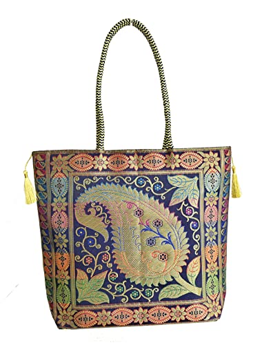 Embroidery Silk Handicraft Hand Bag, Shoulder, Tote Bag For Ladies (13 x 11.5 x 7.5 Inches, Leaves & Flower, Violet Color) Mangal Fashions | Indian Home Decor and Craft