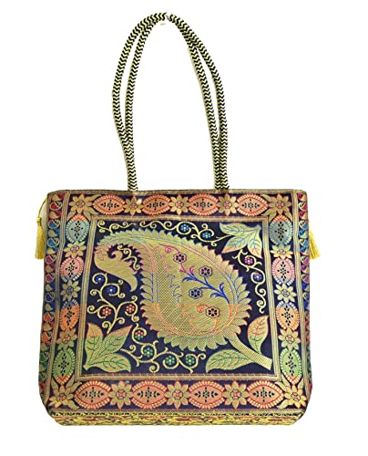 Embroidery Silk Handicraft Hand Bag, Shoulder, Tote Bag For Ladies (13 x 11.5 x 7.5 Inches, Leaves & Flower, Violet Color) Mangal Fashions | Indian Home Decor and Craft