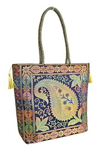 Embroidery Silk Handicraft Hand Bag, Shoulder, Tote Bag For Ladies (13 x 11.5 x 7.5 Inches, Leaves & Flower, Violet Color) Mangal Fashions | Indian Home Decor and Craft