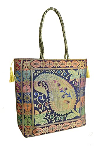 Embroidery Silk Handicraft Hand Bag, Shoulder, Tote Bag For Ladies (13 x 11.5 x 7.5 Inches, Leaves & Flower, Violet Color) Mangal Fashions | Indian Home Decor and Craft