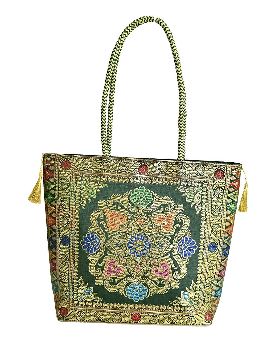 Embroidery Silk Handicraft Hand Bag, Shoulder, Tote Bag For Ladies (13 x 11.5 x 7.5 Inches, Rangoli, Dark Green (Kai Color)) Mangal Fashions | Indian Home Decor and Craft