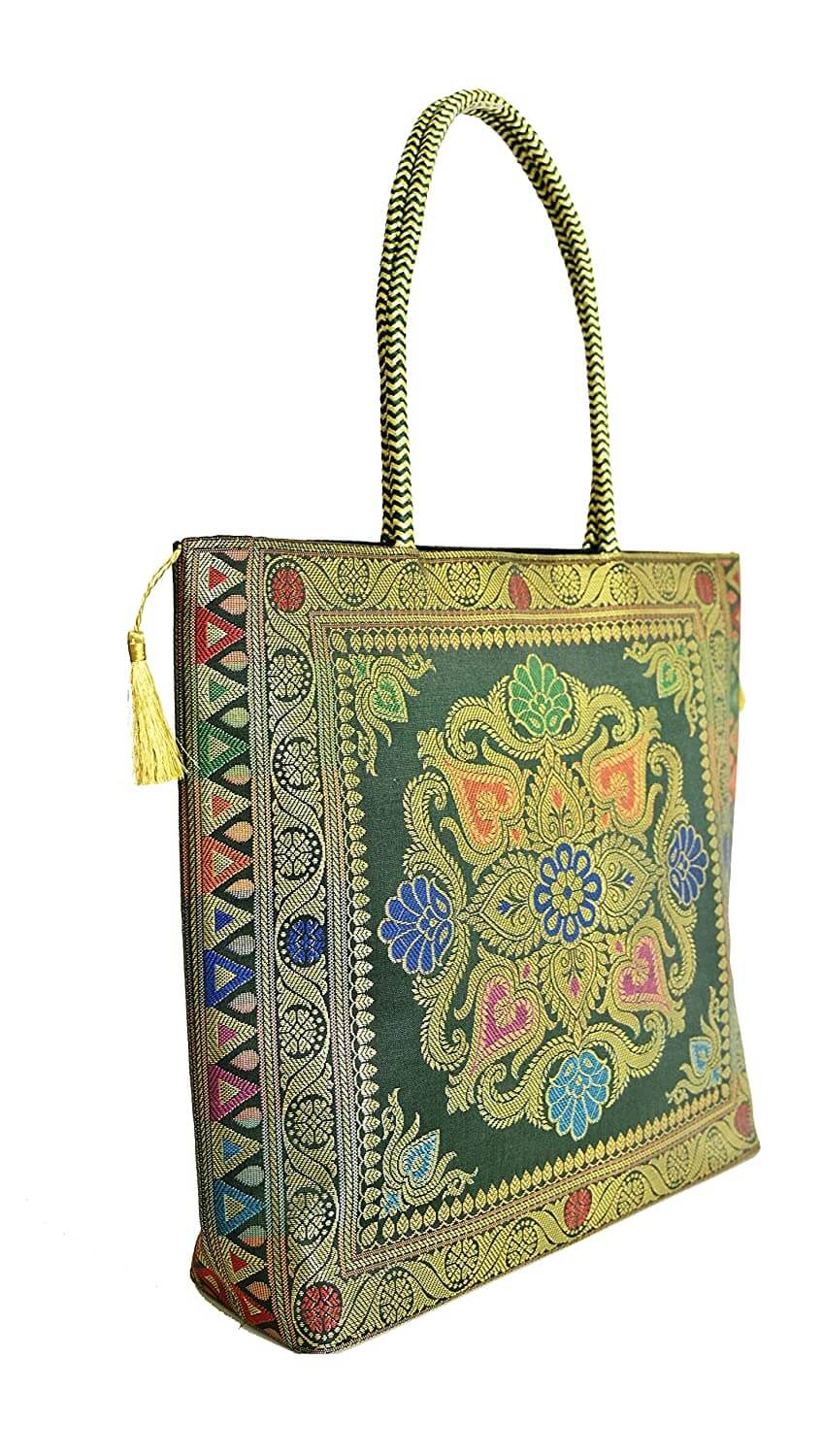 Embroidery Silk Handicraft Hand Bag, Shoulder, Tote Bag For Ladies (13 x 11.5 x 7.5 Inches, Rangoli, Dark Green (Kai Color)) Mangal Fashions | Indian Home Decor and Craft