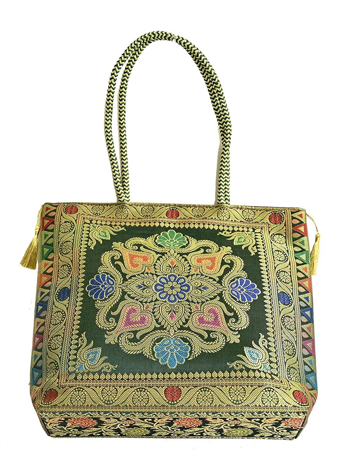 Embroidery Silk Handicraft Hand Bag, Shoulder, Tote Bag For Ladies (13 x 11.5 x 7.5 Inches, Rangoli, Dark Green (Kai Color)) Mangal Fashions | Indian Home Decor and Craft