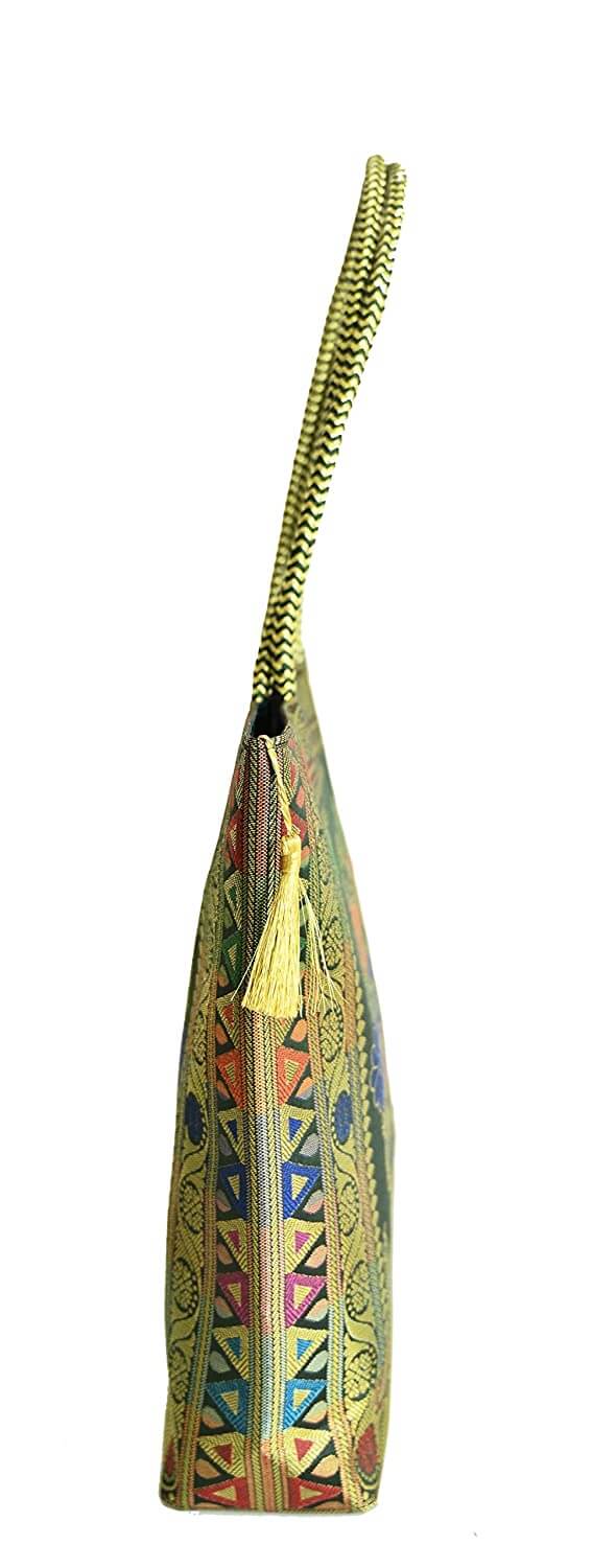 Embroidery Silk Handicraft Hand Bag, Shoulder, Tote Bag For Ladies (13 x 11.5 x 7.5 Inches, Rangoli, Dark Green (Kai Color)) Mangal Fashions | Indian Home Decor and Craft