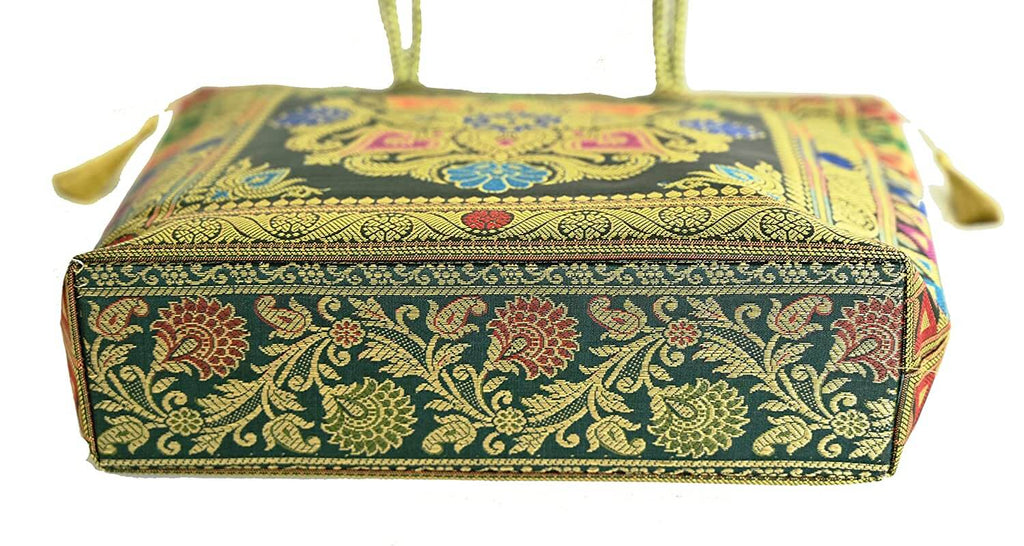 Embroidery Silk Handicraft Hand Bag, Shoulder, Tote Bag For Ladies (13 x 11.5 x 7.5 Inches, Rangoli, Dark Green (Kai Color)) Mangal Fashions | Indian Home Decor and Craft