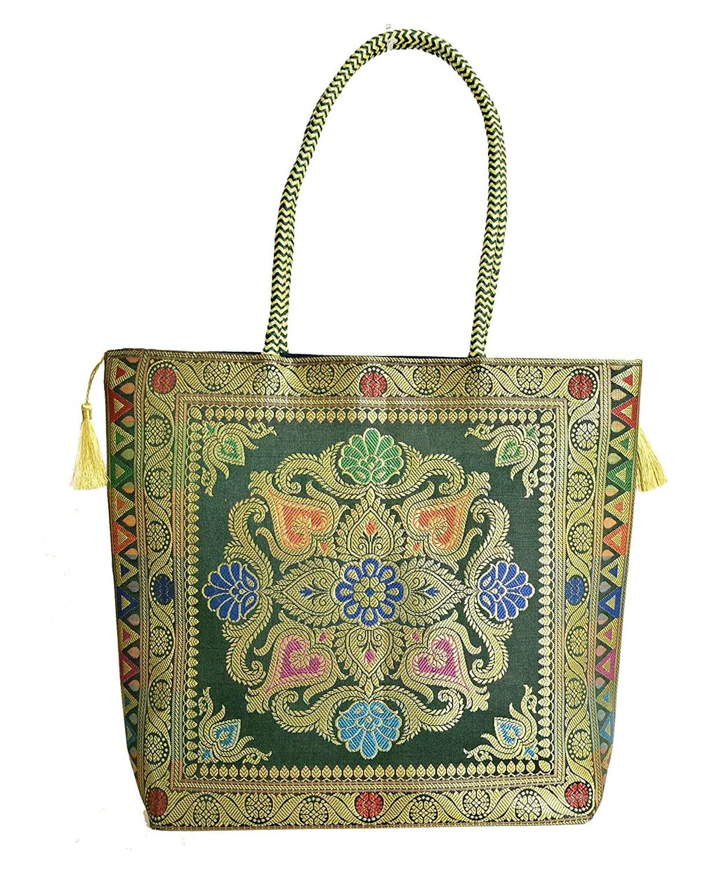 Embroidery Silk Handicraft Hand Bag, Shoulder, Tote Bag For Ladies (13 x 11.5 x 7.5 Inches, Rangoli, Dark Green (Kai Color)) Mangal Fashions | Indian Home Decor and Craft