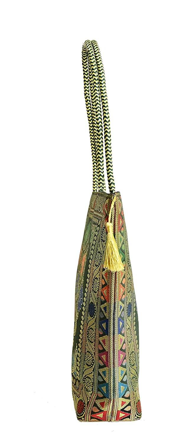 Embroidery Silk Handicraft Hand Bag, Shoulder, Tote Bag For Ladies (13 x 11.5 x 7.5 Inches, Rangoli, Dark Green (Kai Color)) Mangal Fashions | Indian Home Decor and Craft
