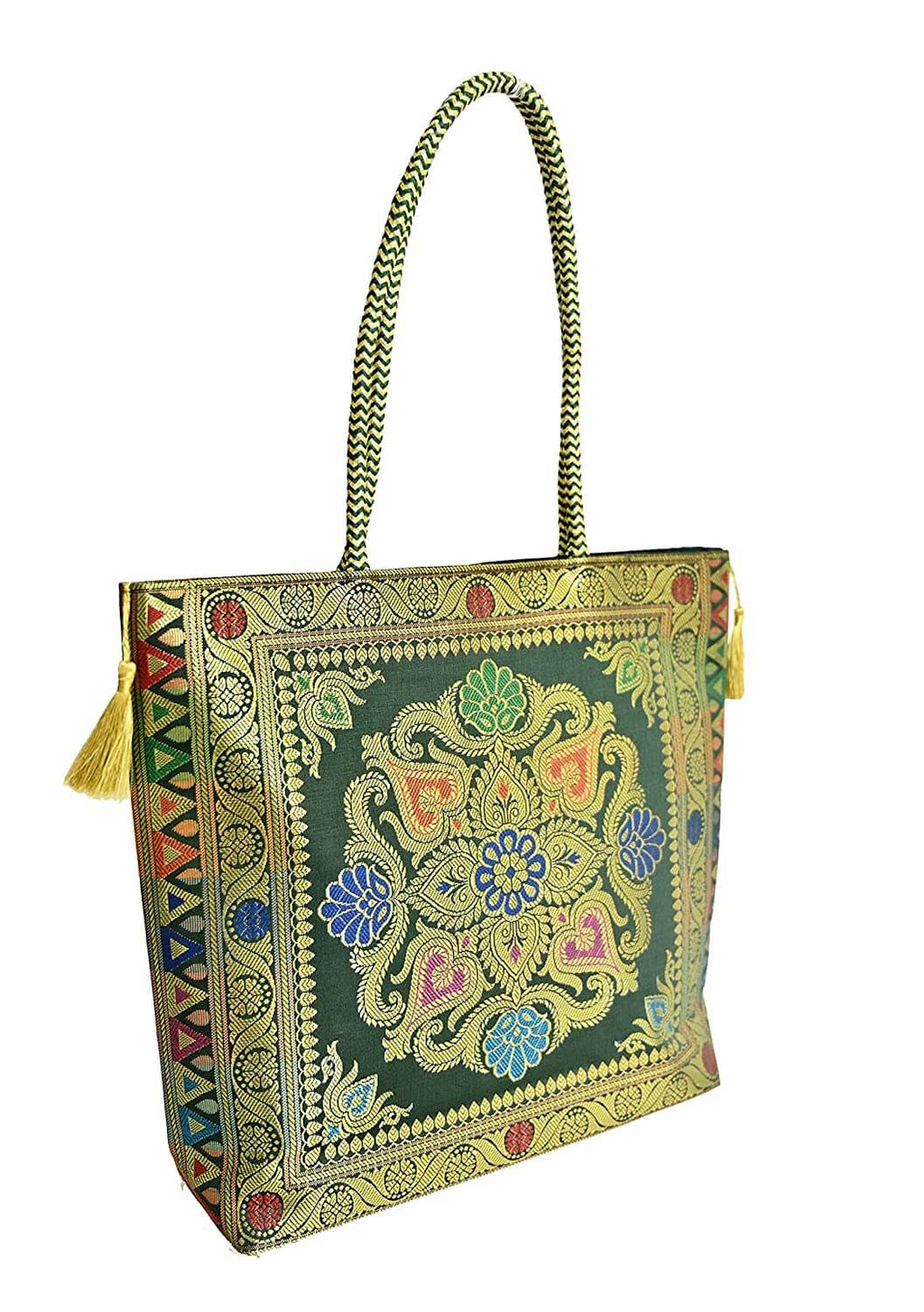 Embroidery Silk Handicraft Hand Bag, Shoulder, Tote Bag For Ladies (13 x 11.5 x 7.5 Inches, Rangoli, Dark Green (Kai Color)) Mangal Fashions | Indian Home Decor and Craft