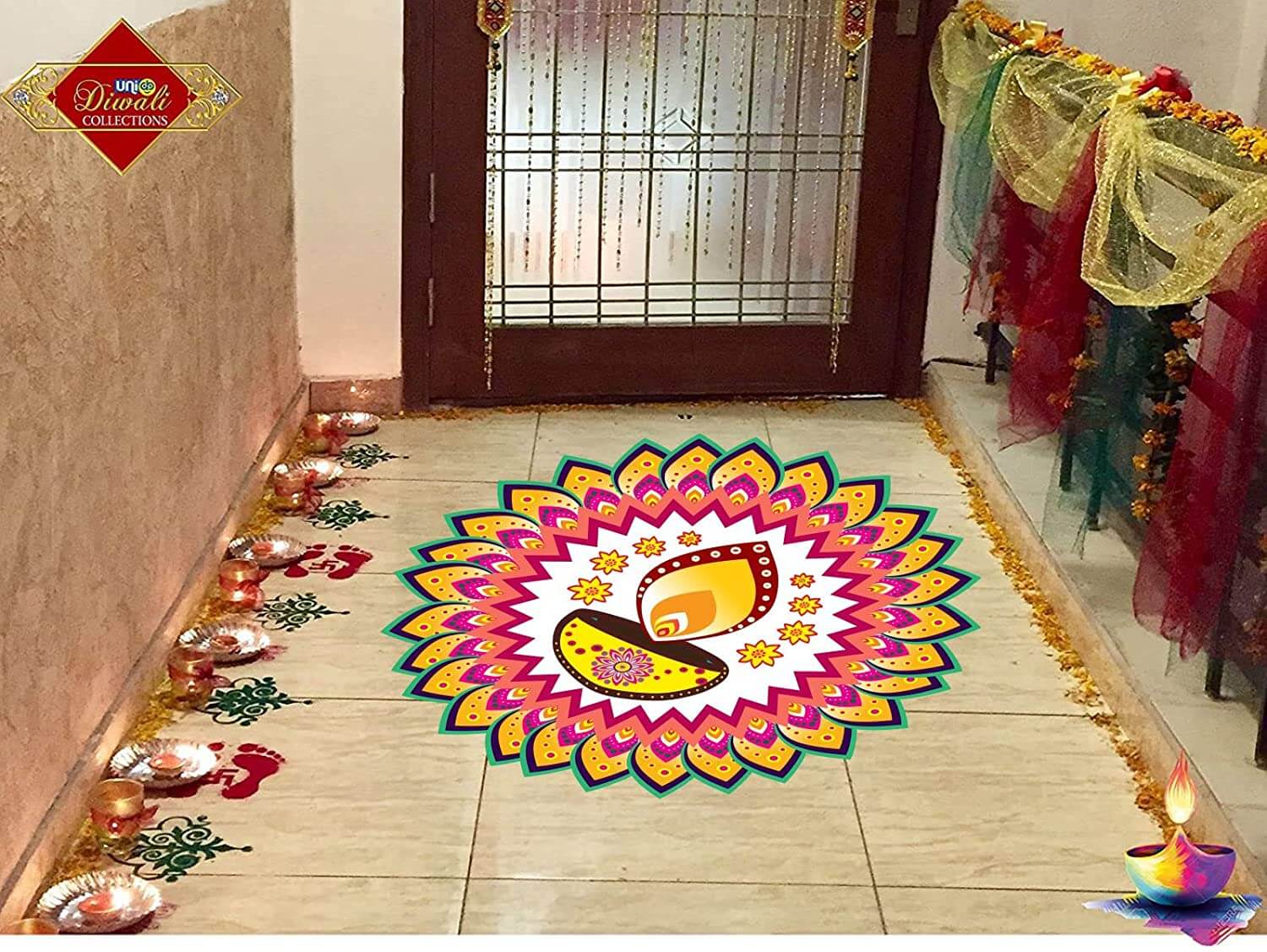 Festival 'Rangoli Pattern' Wall / Floor Waterproof and Durable Sticker (PVC Vinyl, 40 x 40 cm) Mangal Fashions | Indian Home Decor and Craft