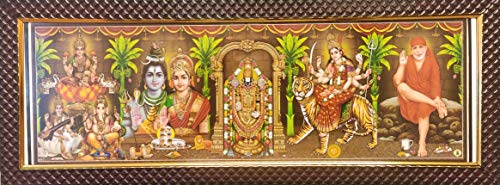 Five Hindu god and Goddess Photos with Wooden Frame for Pooja (Size 46 cm x 16 cm) Mangal Fashions | Indian Home Decor and Craft