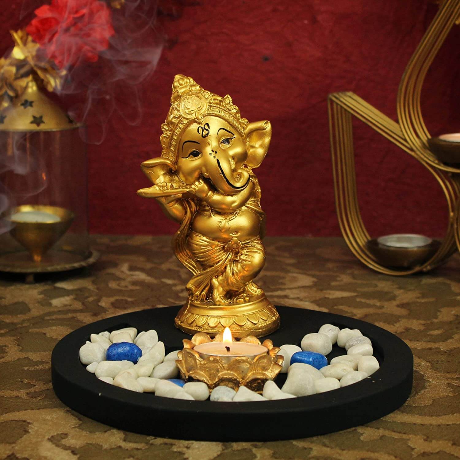 Ganesha Playing Bansuri with Wooden Flower Tealight Candle Holder, Colorful Stones and Wooden Base for Home Decor and Return Gift Mangal Fashions | Indian Home Decor and Craft