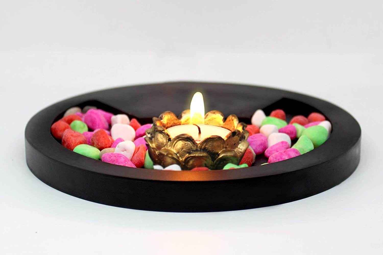 Ganesha Playing Bansuri with Wooden Flower Tealight Candle Holder, Colorful Stones and Wooden Base for Home Decor and Return Gift Mangal Fashions | Indian Home Decor and Craft