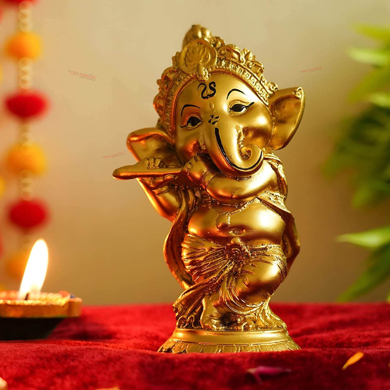 Ganesha Playing Bansuri with Wooden Flower Tealight Candle Holder, Colorful Stones and Wooden Base for Home Decor and Return Gift Mangal Fashions | Indian Home Decor and Craft