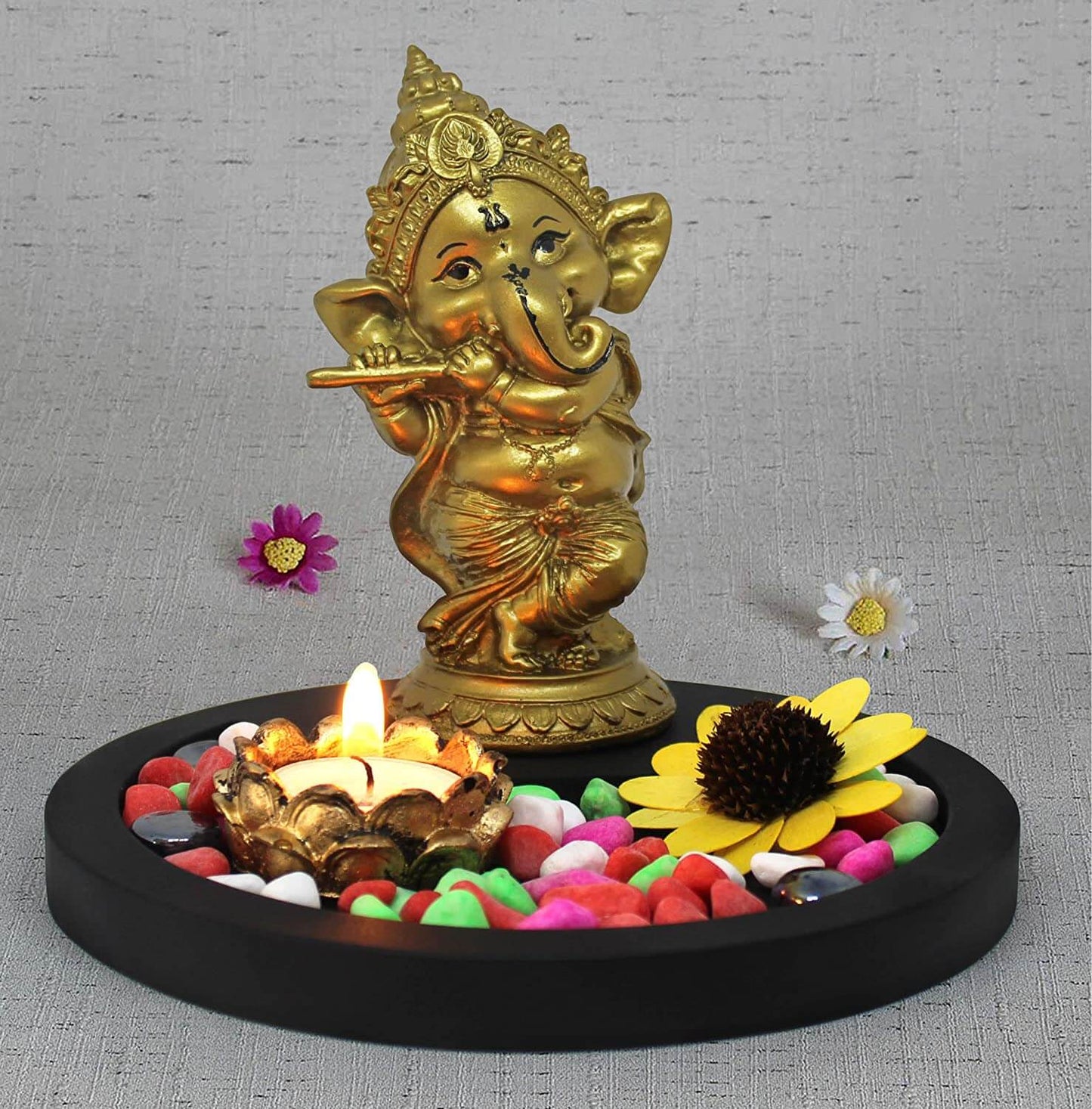 Ganesha Playing Bansuri with Wooden Flower Tealight Candle Holder, Colorful Stones and Wooden Base for Home Decor and Return Gift Mangal Fashions | Indian Home Decor and Craft