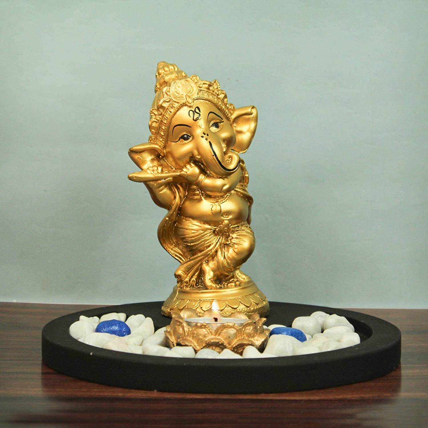 Ganesha Playing Bansuri with Wooden Flower Tealight Candle Holder, Colorful Stones and Wooden Base for Home Decor and Return Gift Mangal Fashions | Indian Home Decor and Craft
