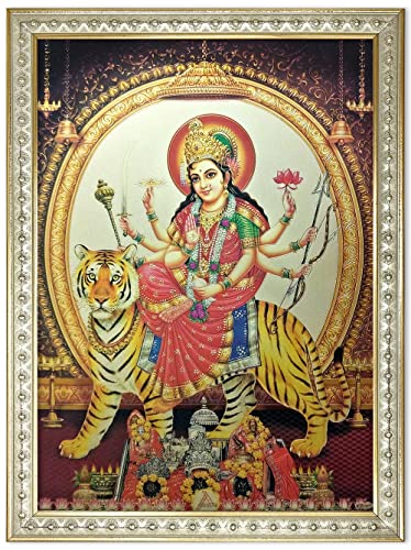 Goddess Vaishno Devi Durga Devi Maa Gold Plated Photo Frame, Multicolor, 32 X 23.5 cms (Framed Without Glass) Mangal Fashions | Indian Home Decor and Craft