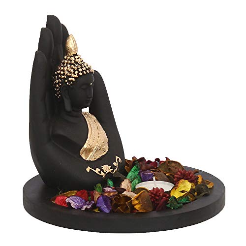 Golden Handcrafted Palm Buddha Decorative Showpiece with Wooden Base and Fragranced Petals Mangal Fashions | Indian Home Decor and Craft