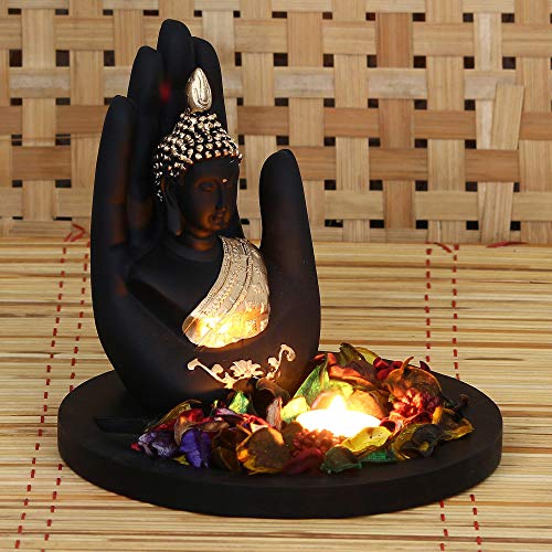 Golden Handcrafted Palm Buddha Decorative Showpiece with Wooden Base and Fragranced Petals Mangal Fashions | Indian Home Decor and Craft