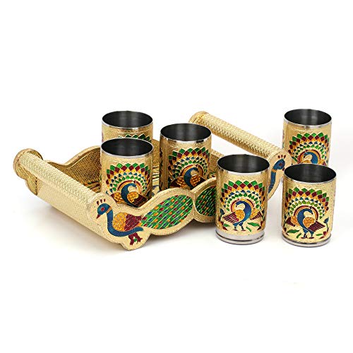 Golden Meenakari Decorative Tray Set - Double Peacock Design | Wooden Tray with Handle (12x7x3.5 in) and 6 SS Glasses Mangal Fashions | Indian Home Decor and Craft