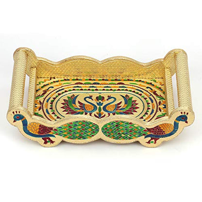 Golden Meenakari Decorative Tray Set - Double Peacock Design | Wooden Tray with Handle (12x7x3.5 in) and 6 SS Glasses Mangal Fashions | Indian Home Decor and Craft