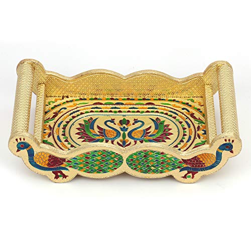 Golden Meenakari Decorative Tray Set - Double Peacock Design | Wooden Tray with Handle (12x7x3.5 in) and 6 SS Glasses Mangal Fashions | Indian Home Decor and Craft