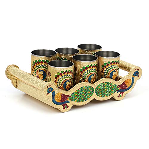 Golden Meenakari Decorative Tray Set - Double Peacock Design | Wooden Tray with Handle (12x7x3.5 in) and 6 SS Glasses Mangal Fashions | Indian Home Decor and Craft