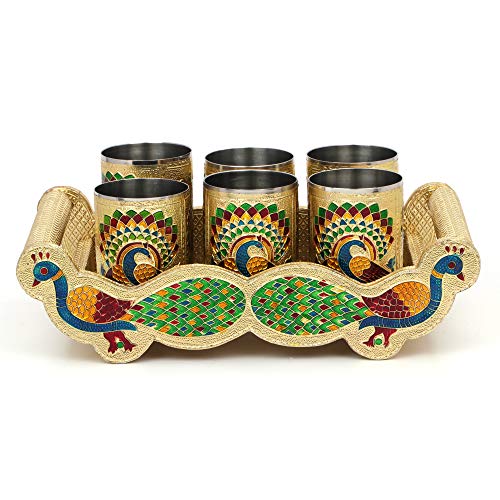Golden Meenakari Decorative Tray Set - Double Peacock Design | Wooden Tray with Handle (12x7x3.5 in) and 6 SS Glasses Mangal Fashions | Indian Home Decor and Craft