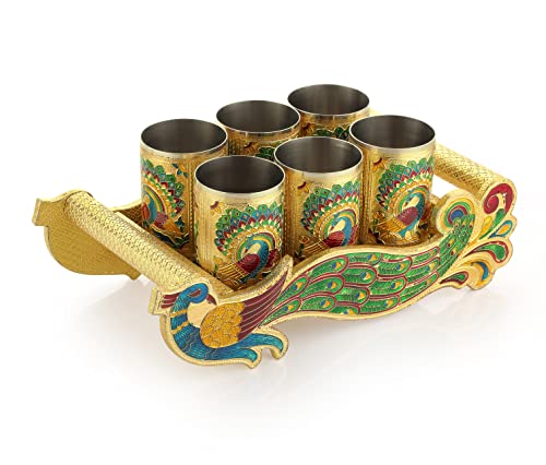 Golden Meenakari Decorative Tray Set - Double Peacock Design | Wooden Tray with Handle (13x6.5x5 in) and 6 SS Glasses Mangal Fashions | Indian Home Decor and Craft