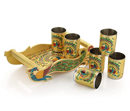 Golden Meenakari Decorative Tray Set - Double Peacock Design | Wooden Tray with Handle (13x6.5x5 in) and 6 SS Glasses Mangal Fashions | Indian Home Decor and Craft