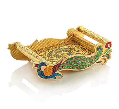 Golden Meenakari Decorative Tray Set - Double Peacock Design | Wooden Tray with Handle (13x6.5x5 in) and 6 SS Glasses Mangal Fashions | Indian Home Decor and Craft
