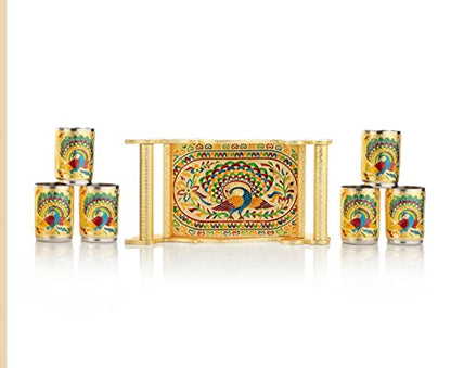 Golden Meenakari Decorative Tray Set - Double Peacock Design | Wooden Tray with Handle (13x6.5x5 in) and 6 SS Glasses Mangal Fashions | Indian Home Decor and Craft