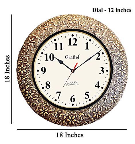 Hand Carved Brass Plating on Wood Analog Wall Clock Handicraft Round Clock for Living Room, Home and Office (18 x 18 inch, Multicolour, 8lb) Mangal Fashions | Indian Home Decor and Craft