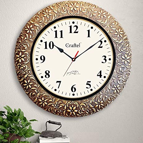 Hand Carved Brass Plating on Wood Analog Wall Clock Handicraft Round Clock for Living Room, Home and Office (18 x 18 inch, Multicolour, 8lb) Mangal Fashions | Indian Home Decor and Craft