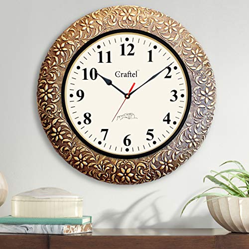 Hand Carved Brass Plating on Wood Analog Wall Clock Handicraft Round Clock for Living Room, Home and Office (18 x 18 inch, Multicolour, 8lb) Mangal Fashions | Indian Home Decor and Craft