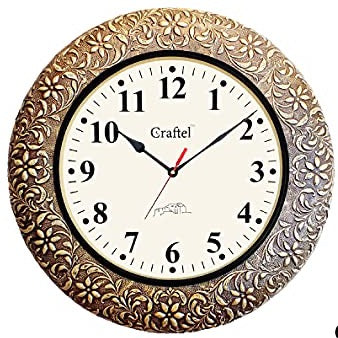 Hand Carved Brass Plating on Wood Analog Wall Clock Handicraft Round Clock for Living Room, Home and Office (18 x 18 inch, Multicolour, 8lb) Mangal Fashions | Indian Home Decor and Craft