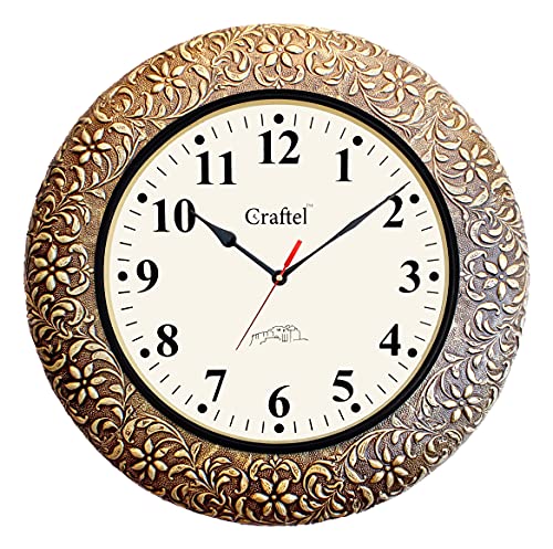 646 Clock Hand Carved Brass Plating on Wood Analog Wall Clock Handicraft Round C ...
