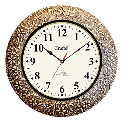 Hand Carved Brass Plating on Wood Analog Wall Clock Handicraft Round Clock for Living Room, Home and Office (18 x 18 inch, Multicolour, 8lb) Mangal Fashions | Indian Home Decor and Craft