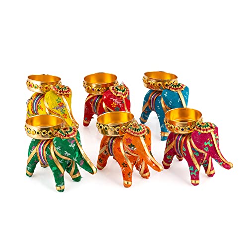 Handcrafted Recycled Material Elephant Tealight Candle Holder Home Decoration Item for Diwali (Multicolor, 8 X 5 X 10 cm) - Pack of 6 Mangal Fashions | Indian Home Decor and Craft