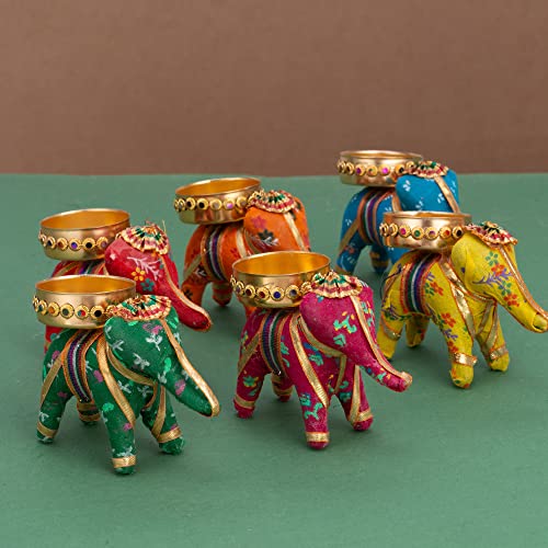 Handcrafted Recycled Material Elephant Tealight Candle Holder Home Decoration Item for Diwali (Multicolor, 8 X 5 X 10 cm) - Pack of 6 Mangal Fashions | Indian Home Decor and Craft
