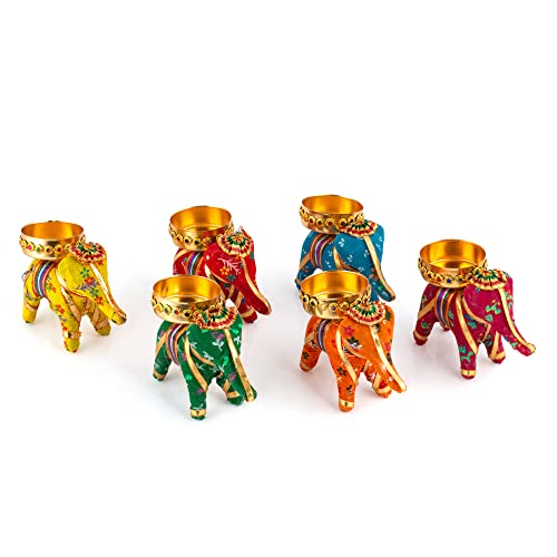 Handcrafted Recycled Material Elephant Tealight Candle Holder Home Decoration Item for Diwali (Multicolor, 8 X 5 X 10 cm) - Pack of 6 Mangal Fashions | Indian Home Decor and Craft