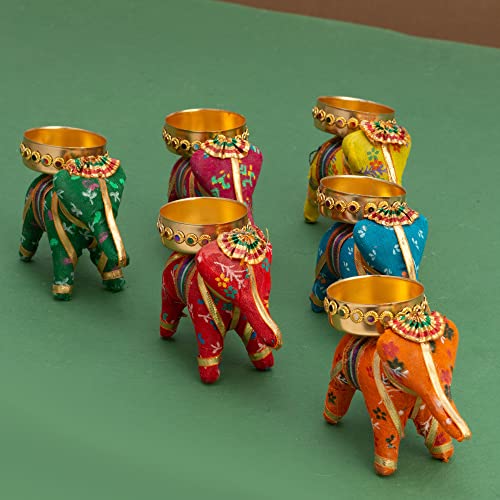 Handcrafted Recycled Material Elephant Tealight Candle Holder Home Decoration Item for Diwali (Multicolor, 8 X 5 X 10 cm) - Pack of 6 Mangal Fashions | Indian Home Decor and Craft