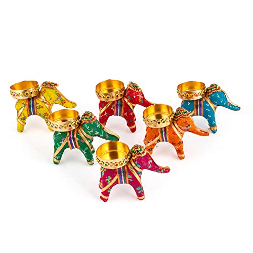 Handcrafted Recycled Material Elephant Tealight Candle Holder Home Decoration Item for Diwali (Multicolor, 8 X 5 X 10 cm) - Pack of 6 Mangal Fashions | Indian Home Decor and Craft