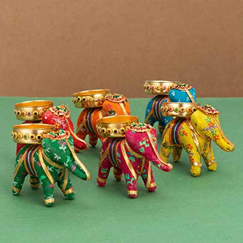 Handcrafted Recycled Material Elephant Tealight Candle Holder Home Decoration Item for Diwali (Multicolor, 8 X 5 X 10 cm) - Pack of 6 Mangal Fashions | Indian Home Decor and Craft