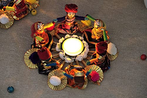 Handmade Recycled Material Rajasthani Dolls Puppet Tealight Candle Holder, Multicolor (13 cm x 13 cm 6.5 cm) (Pack of 1) Mangal Fashions | Indian Home Decor and Craft