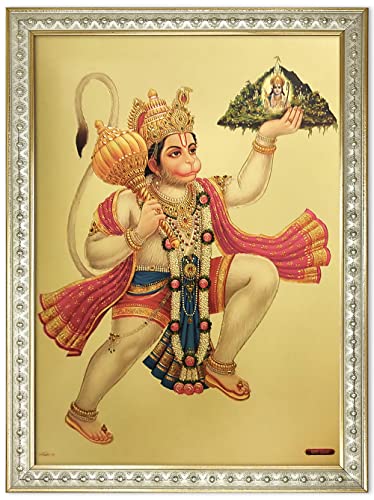Hanuman Dronagiri Parvat Gold Plated Frame, Multicolor, 32x23.5 cm (Framed Without Glass) Mangal Fashions | Indian Home Decor and Craft