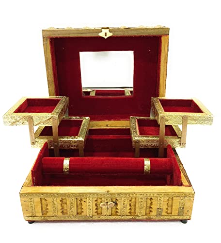 Jewellery Box Foldable Wooden Vanity Case for Earrings, Bangles with Mirror for Women (Gold) (1.6 kg) Mangal Fashions | Indian Home Decor and Craft