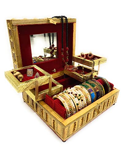 Jewellery Box Foldable Wooden Vanity Case for Earrings, Bangles with Mirror for Women (Gold) (1.6 kg) Mangal Fashions | Indian Home Decor and Craft